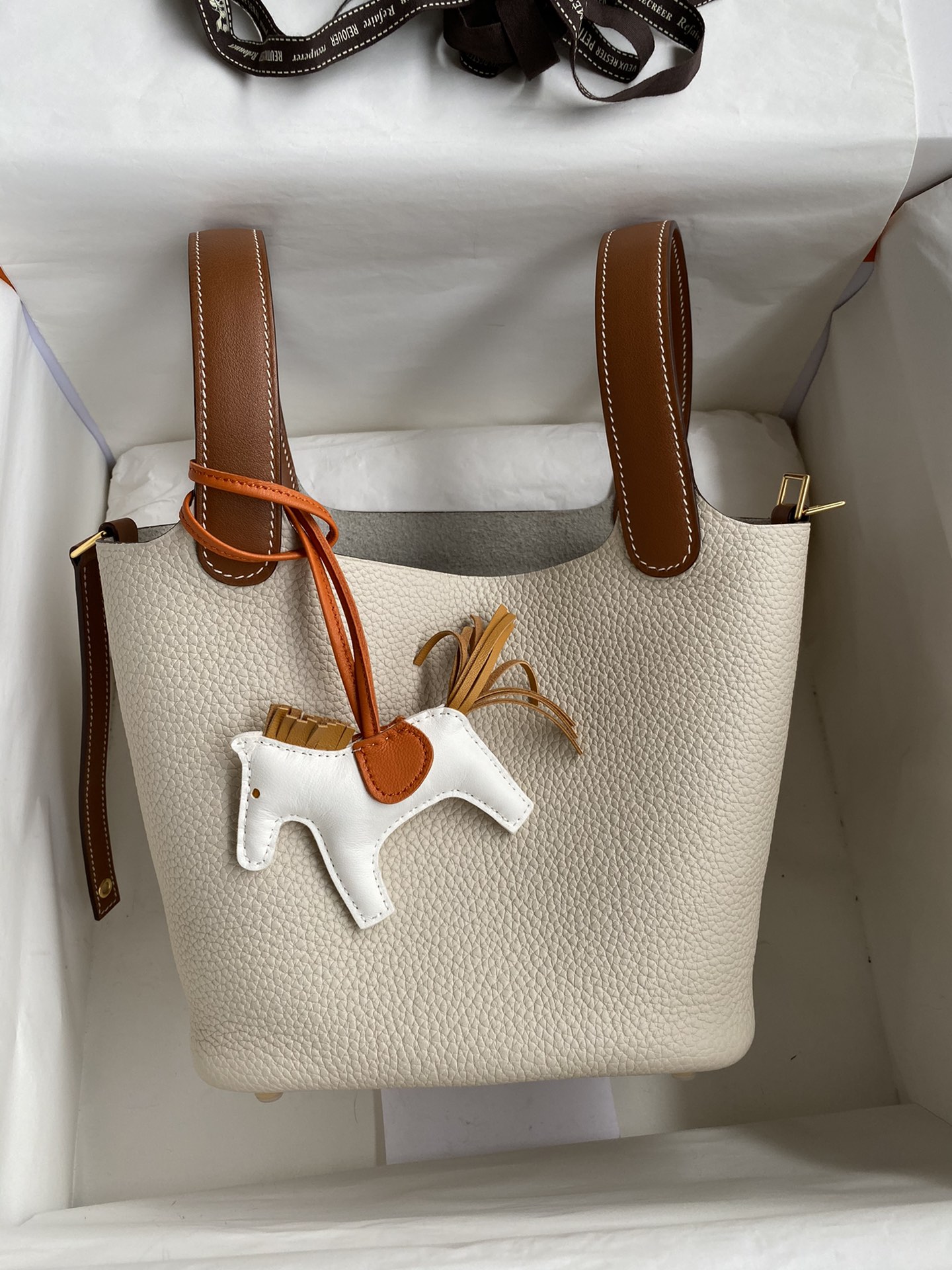 Hermes Picotin Lock 18 Bag In White/Brown Clemence Leather